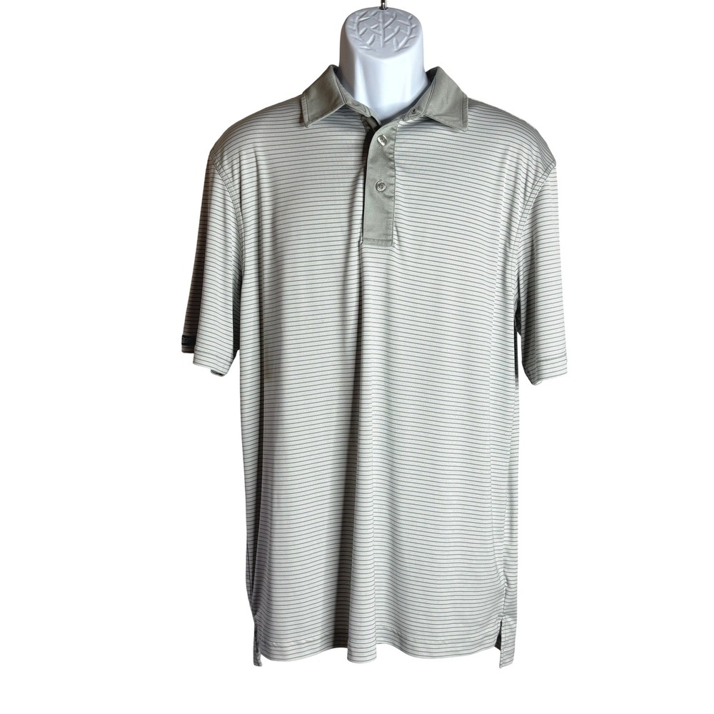 Straight Down | Mens Grey Striped Golf Polo Shirt Logo | Size Large